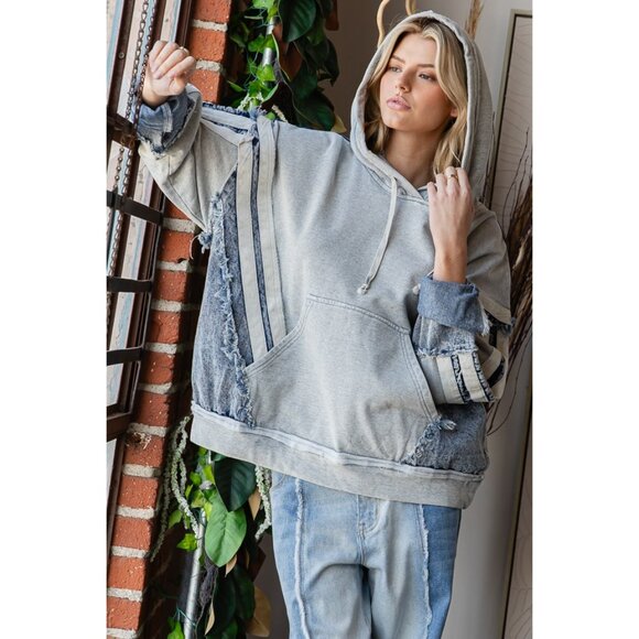 Oli & Hali Washed Mixed Denim Hoodie Pullover Top Sweatshirt Size Various - Picture 6 of 8